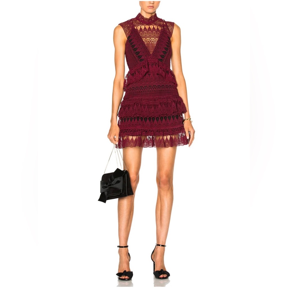Self-Portrait Burgundy Guipure Lace Teardrop Paneled Dress - 0-2